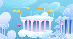 Size: 1099x597 | Tagged: safe, screencap, sonic rainboom (episode), background, cloud, cloudiseum, cloudsdale, cloudy, hot air balloon, no pony, twinkling balloon