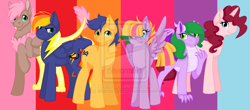 Size: 1024x449 | Tagged: safe, artist:warriorcybz, oc, oc only, oc:animal cry, oc:galaxy glimmer, oc:iridescent scale, oc:miel le fluer, oc:turbo, oc:zapapple, dracony, hybrid, interspecies offspring, obtrusive watermark, offspring, parent:applejack, parent:big macintosh, parent:cheese sandwich, parent:discord, parent:flash sentry, parent:fluttershy, parent:pinkie pie, parent:rainbow dash, parent:rarity, parent:soarin', parent:spike, parent:twilight sparkle, parents:cheesepie, parents:discoshy, parents:flashlight, parents:rainbowmac, parents:soarinjack, parents:sparity, watermark