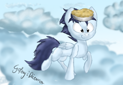 Size: 1500x1043 | Tagged: safe, artist:goferyidzemor, soarin', blank flank, cloud, cloudy, cute, pie, solo, that pony sure does love pies