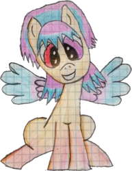 Size: 625x808 | Tagged: safe, artist:storynima, oc, oc only, oc:shiny dawn, pegasus, pony, cute, graph paper, grin, head tilt, heterochromia, learning, looking at you, simple background, sitting, sketch, smiling, solo, spread wings, traditional art, transparent background