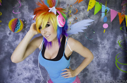 Size: 900x595 | Tagged: safe, human, cleavage, clothes, cosplay, female, headphones, irl, irl human, jessica nigri, photo, tanktop, wings