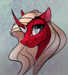 Size: 1280x1408 | Tagged: safe, artist:casynuf, oc, oc only, oc:scarlet rose, pony, unicorn, bedroom eyes, bust, horn ring, looking at you, portrait, scarlet, smiling