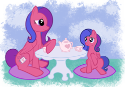 Size: 3107x2156 | Tagged: safe, artist:anscathmarcach, g3, g3 to g4, generation leap, mochanut, sisters, tea party, tea set, teacup, teapot, tira-mi-su