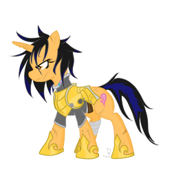 Size: 1024x1024 | Tagged: safe, oc, oc only, oc:rusty blade, pony, unicorn, armor, broken horn, glare, royal guard, scar, simple background, solo, transparent background