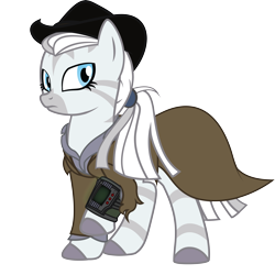 Size: 6196x6188 | Tagged: safe, artist:geekladd, oc, oc only, oc:crystal eclair, zebra, fallout equestria, fallout equestria: influx, absurd resolution, clothes, pipbuck, ponytail, simple background, solo, terminator, transparent background, western