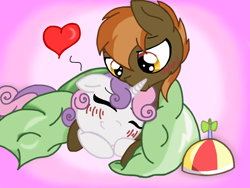 Size: 1024x768 | Tagged: safe, artist:lovelizeswe, button mash, sweetie belle, blanket, blushing, colt, cuddling, female, filly, male, shipping, sleeping, sleepover, snuggling, straight, sweetiemash