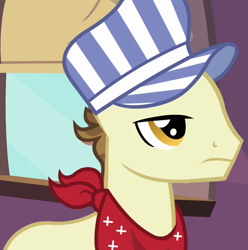 Size: 713x720 | Tagged: safe, screencap, steamer, mmmystery on the friendship express, bandana, hat, solo, train conductor