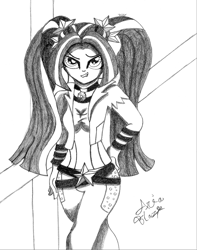 Size: 3000x3800 | Tagged: safe, artist:mark-terron, aria blaze, equestria girls, lip bite, monochrome