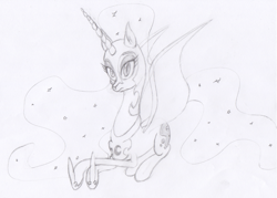 Size: 1085x776 | Tagged: safe, artist:azurek, nightmare moon, monochrome, solo, traditional art