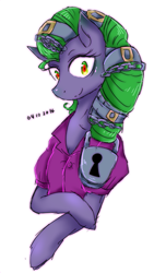 Size: 349x617 | Tagged: safe, artist:divided-s, mane-iac, spoiler:comic, chains, clothes, prison outfit, solo