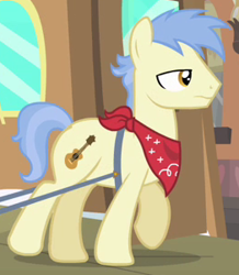 Size: 262x300 | Tagged: safe, screencap, steamer, flight to the finish, bandana, cutie mark, guitar, solo, train conductor