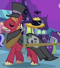 Size: 200x226 | Tagged: safe, screencap, big macintosh, spike, dragon, earth pony, pony, luna eclipsed, baron, clothes, costume, cropped, mac the ripper, male, nightmare night, outfit catalog, stallion