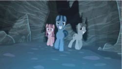 Size: 630x355 | Tagged: safe, screencap, earth pony, pegasus, pony, unicorn, the cutie map, animated, creepers, creepy smile, crying inside, cult, cutie mark vault, equal cutie mark, equalized, equalized mane, fake smile, female, it's coming right at us, male, mare, slow motion, stallion, walking, wide smile, you know for kids