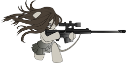 Size: 4705x2352 | Tagged: safe, artist:shysolid, oc, oc only, earth pony, pony, anti-materiel rifle, barrett, barrett m82, clothes, female, gun, hooves, kneeling, mare, optical sight, rifle, simple background, skirt, sniper, sniper rifle, solo, transparent background, weapon