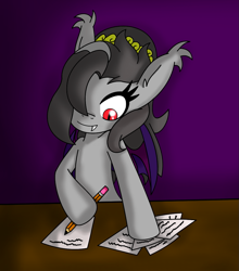 Size: 925x1051 | Tagged: safe, artist:mytatsur, oc, oc only, oc:fragment, bat pony, pony, pencil, solo, writing