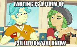 Size: 894x550 | Tagged: safe, screencap, brawly beats, sandalwood, equestria girls, background human, eco kid insults, image macro, meme