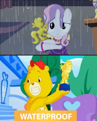 Size: 776x967 | Tagged: safe, sweetie belle, for whom the sweetie belle toils, care bears, care bears adventures of care a lot, comparison, funshine bear, happy, sad, statue