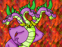 Size: 768x576 | Tagged: safe, artist:mojo1985, spike, dragon, abstract background, collar, male, multiple heads, spikezilla, three heads