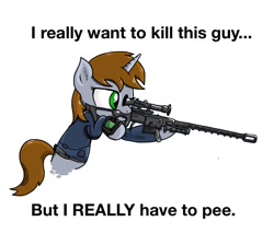 Size: 1028x874 | Tagged: safe, artist:kill joy, oc, oc only, oc:littlepip, pony, unicorn, fallout equestria, clothes, desperation, fanfic, fanfic art, female, funny, gun, hooves, horn, mare, meme, need to pee, omorashi, optical sight, pipbuck, potty time, rifle, simple background, sniper rifle, solo, text, vault suit, weapon, white background