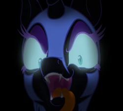 Size: 649x585 | Tagged: safe, artist:azurek, nightmare moon, fangs, glowing eyes, maw, mawshot, open mouth, prepare your anus, show accurate, solo, spooky, tongue out, uvula