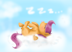 Size: 700x500 | Tagged: safe, artist:chanceyb, scootaloo, pegasus, pony, blushing, cloud, cloud bed, cloudy, cute, cutealoo, female, filly, nap, on back, sleeping, solo, tongue out, zzz