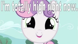 Size: 649x365 | Tagged: safe, edit, edited screencap, screencap, sweetie belle, caption, cute, diasweetes, high, image macro, implied drug use, meme