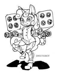 Size: 500x641 | Tagged: safe, artist:hobilo, sweetie belle, sweetie bot, anthro, robot, unicorn, black and white, female, grayscale, hooves, horn, lineart, monochrome, solo, weapon