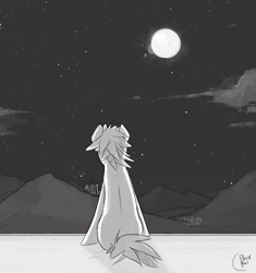 Size: 1775x1888 | Tagged: safe, artist:ponykai, oc, oc only, looking up, moon, moonlight, mountain, night, scenery, sitting, sky, solo