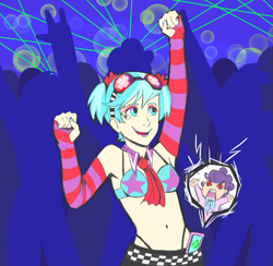 Size: 701x683 | Tagged: artist needed, safe, coco pommel, suri polomare, human, alternate hairstyle, angry, belt, clothes, dancing, detached sleeves, humanized, panties, phone, rave, smartphone, thong, underwear