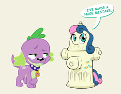 Size: 900x700 | Tagged: safe, artist:docwario, artist:tyto-ovo, bon bon, spike, sweetie drops, dog, equestria girls, askblankbon, costanza face, dreamworks face, fire hydrant, fridge horror, i've made a huge mistake, implications, smirk, spike the dog, this will end in pee, this will end in tears, wat