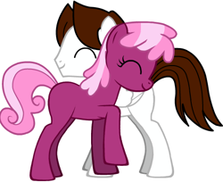 Size: 497x405 | Tagged: safe, cheerilee, oc, oc:gabriel, pony creator, blank flank, canon x oc, cuddling, cute, snuggling