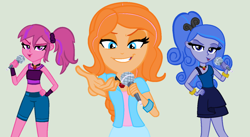 Size: 1024x560 | Tagged: safe, artist:berrypunchrules, oc, oc only, oc:nocturne shade, oc:sentito tides, oc:senza glitz, equestria girls, clothes, jeans, microphone, midriff, skirt, trio