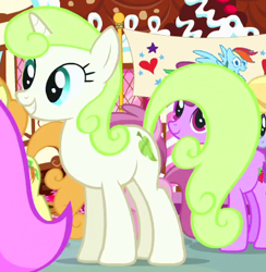 Size: 403x413 | Tagged: safe, screencap, berry punch, berryshine, carrot top, cloud kicker, golden harvest, twinkleshine, pony, unicorn, pinkie pride, background pony, cropped, female, mare, smiling, solo focus