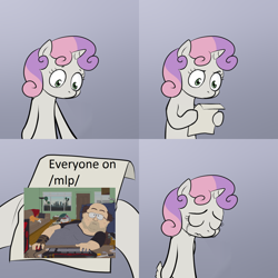 Size: 2000x2000 | Tagged: artist needed, safe, sweetie belle, pony, unicorn, /mlp/, bipedal, crying, exploitable meme, female, filly, gradient background, hoof hold, horn, letter, meme, neckbeard, op is a cuck, op is trying to start shit, paper, solo, south park, stereotype, sweetie's note meme, two toned hair, white coat