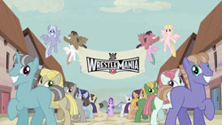 Size: 1280x720 | Tagged: safe, edit, edited screencap, screencap, the cutie map, equal town banner, equal town banner meme, exploitable meme, group shot, in our town, meme, wrestlemania 31, wwe