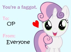 Size: 448x326 | Tagged: safe, sweetie belle, amy bosch, heart, irony, looking at you, op, op is a faggot, open mouth, smiling, solo, ur a faget, valentine, valentine's day, vector, vulgar