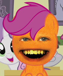 Size: 385x462 | Tagged: safe, scootaloo, sweetie belle, 1000 years in photoshop, annoying orange, cursed, cursed image, uncanny valley, wat