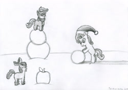 Size: 4000x2820 | Tagged: safe, artist:techarmsbu, apple bloom, scootaloo, sweetie belle, absurd resolution, boots, clothes, cutie mark crusaders, hat, monochrome, santa hat, scarf, snow