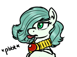 Size: 836x620 | Tagged: safe, artist:hipsanon, oc, oc only, oc:emerald jewel, earth pony, pony, amulet, child, color, colt, colt quest, femboy, foal, hair over one eye, image macro, male, onomatopoeia, raspberry, raspberry noise, reaction, reaction image, solo, tongue out