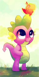 Size: 900x1787 | Tagged: safe, artist:mapony240, peewee, spike, dragon, phoenix, baby, baby dragon, baby phoenix, cute, fangs, grass, male, peeweebetes, spikabetes