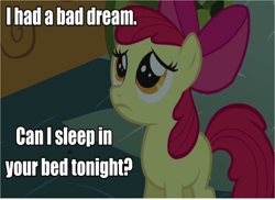 Size: 1486x1080 | Tagged: safe, apple bloom, adorabloom, bad dream, bronybait, captioned, cute, nightmare, sad