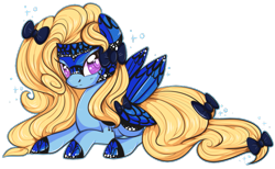 Size: 831x511 | Tagged: safe, artist:suzuii, oc, oc only, oc:blue peleide, butterfly, original species, pony, bow, butterfly pony, butterfly wings, prone, simple background, solo, tail bow, transparent background