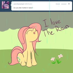 Size: 1280x1280 | Tagged: safe, artist:squiby-327, posey, g1, ask, ask posey, eyes closed, flower, rain, solo, tumblr