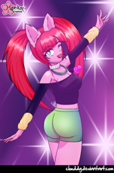 Size: 528x800 | Tagged: safe, artist:clouddg, pacific glow, anthro, the saddle row review, anime face, arm warmers, ass, breasts, busty pacific glow, cleavage, clothes, ear fluff, female, looking at you, midriff, open mouth, pacifier, shorts, sideboob, signature, solo