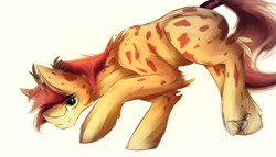 Size: 1600x914 | Tagged: safe, artist:cadenske, oc, oc only, oc:acacias zarafu, giraffe, brown eyes, crouching, long neck, ossicones, smirk, tail wrap