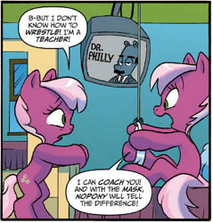 Size: 606x633 | Tagged: safe, artist:jay fosgitt, idw, cheerilee, cherry blossom (idw), earth pony, pony, spoiler:comic, spoiler:comic29, dr. phil, ponified, sisters, twins