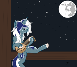 Size: 957x834 | Tagged: safe, artist:chopstickgirl241, oc, oc only, oc:nightly, pony, unicorn, bard, lute, moon, night, solo