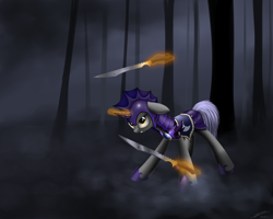 Size: 3500x2800 | Tagged: safe, artist:avastin4, pony, unicorn, armor, fog, forest, magic, night, night guard, solo, sword, telekinesis