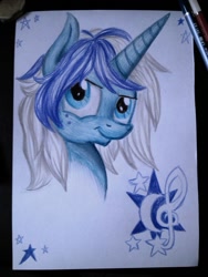 Size: 768x1024 | Tagged: safe, artist:sparklyon3, oc, oc only, oc:nightly, pony, blue, bust, male, portrait, rcf community, solo, stallion, traditional art