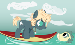 Size: 1500x902 | Tagged: safe, artist:dbkit, oc, oc only, oc:hightide, sea dragon, baby dragon, jewelry, necklace, offspring, parent:dumbbell, parent:rainbow dash, parents:dumbdash, surfboard